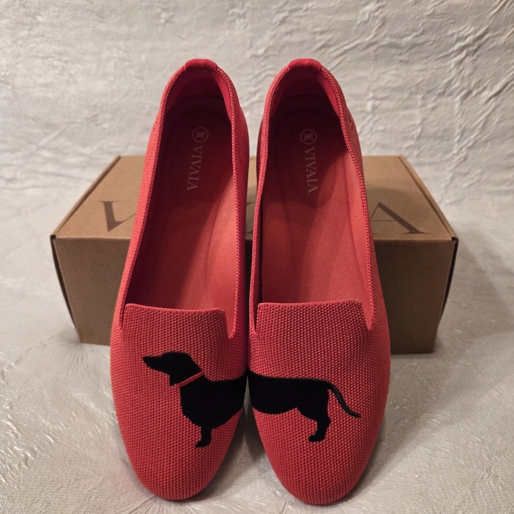 VIVAIA Audrey Multi Coral Dachshund Dog Knit Flats Loafers EU 38.5 US 7.5 - Picture 3 of 12